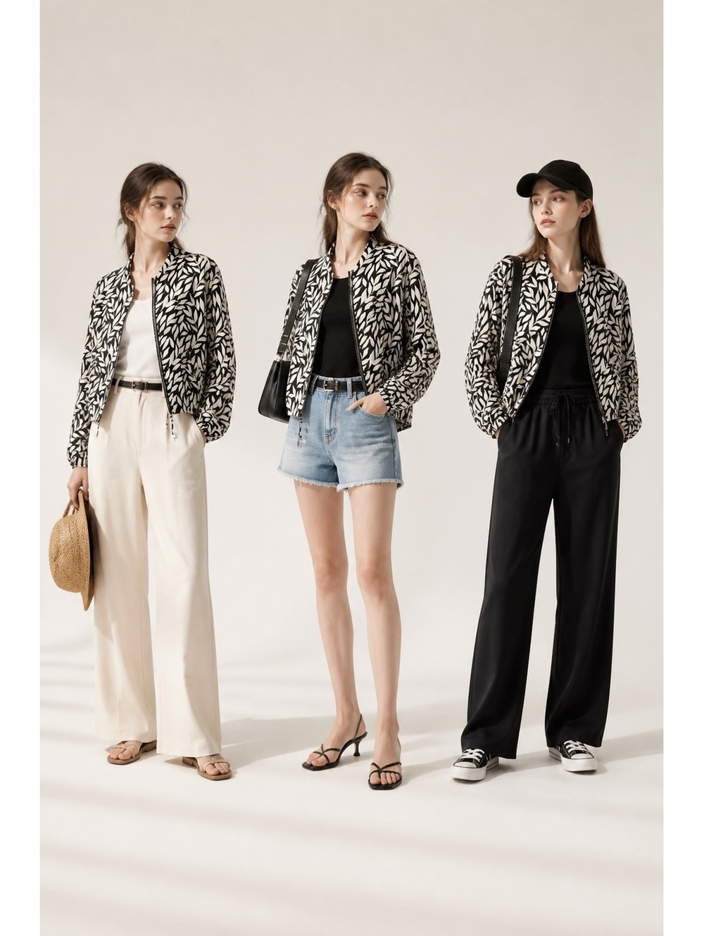 MEG & MARCOT Women's Black and White Leaf Print Bomber Jacket XL